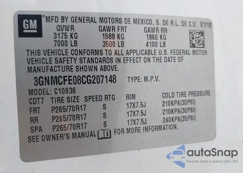 2012 Chevrolet Avalanche 1500 Lt1 из США, поврежденный, VIN 3GNMCFE08CG207148